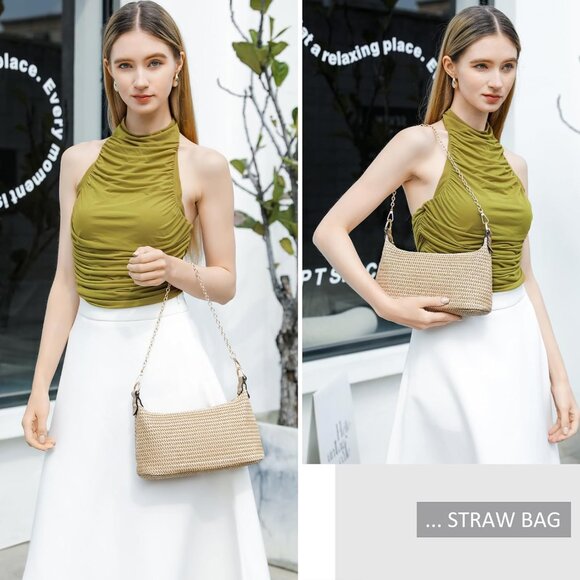 Women Straw Shoulder Bag Small Woven Beach Tote Purse Summer Casual - Picture 2 of 6